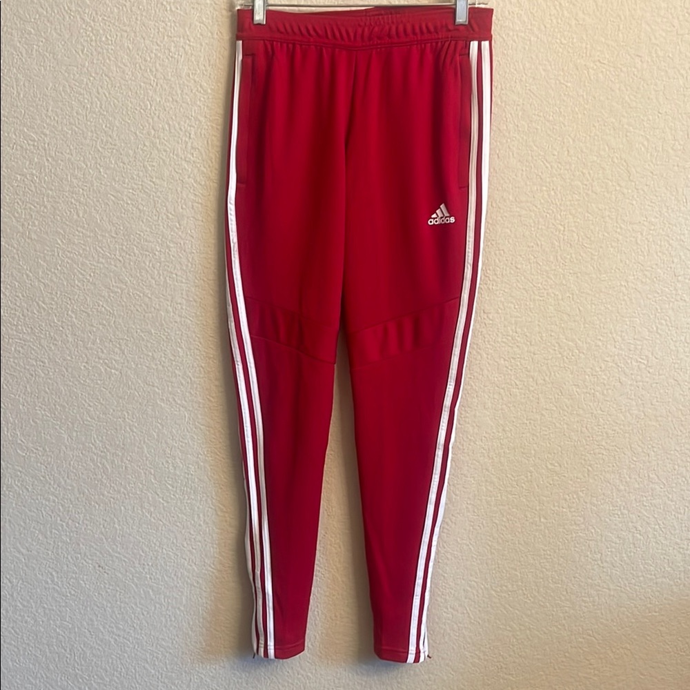 Women’s Adidas Red Sweatpants with Iconic Stripes Tapered Fit